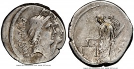 Mn. Cordius Rufus (ca. 46 BC). AR denarius (17mm, 2h). NGC VF, scratch. Rome. RVFVS•III•VIR, jugate heads of the Dioscuri right, both wearing pileus o...