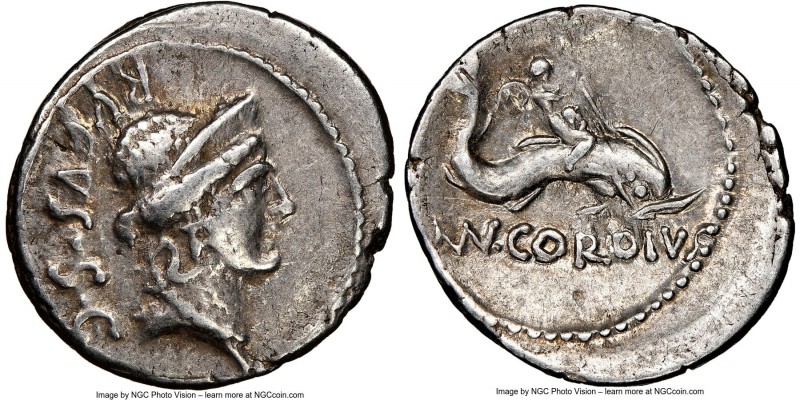 Mn. Cordius Rufus (ca. 46 BC). AR denarius (20mm, 3.81 gm, 6h). NGC Choice VF 4/...