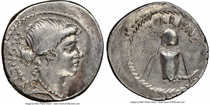 T. Carisius (ca. 46 BC). AR denarius (19mm, 1h). NGC Choice VF. Rome. MONETA, he...