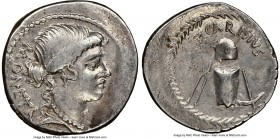 T. Carisius (ca. 46 BC). AR denarius (19mm, 1h). NGC Choice VF. Rome. MONETA, head of Juno Moneta right, wearing pendant earring and necklace; dotted ...