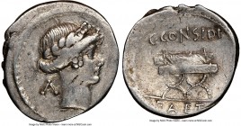 C. Considius Paetus (ca. 46 BC). AR denarius (20mm, 3h). NGC VF, flan flaws. Rome. Laureate head of Apollo right; A behind / C•CONSIDI / PAETI, curule...