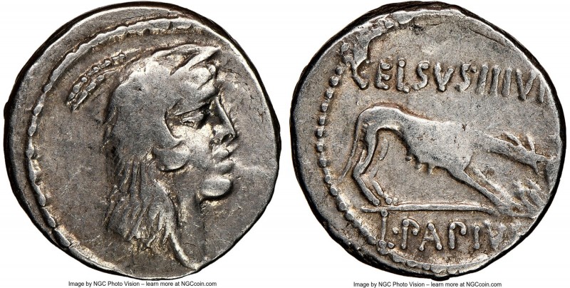 L. Papius Celsus (ca. 45 BC). AR denarius (17mm, 9h). NGC VF. Rome. Head of Juno...