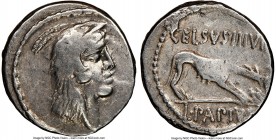 L. Papius Celsus (ca. 45 BC). AR denarius (17mm, 9h). NGC VF. Rome. Head of Juno Sospita right, wearing goat skin headdress / CELSVS•III•VIR / L•PAPIV...