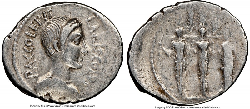 P. Accoleius Lariscolus (43 BC). AR denarius (21mm, 7h). NGC VF. Rome. P•ACCOLEI...