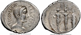 P. Accoleius Lariscolus (43 BC). AR denarius (21mm, 7h). NGC VF. Rome. P•ACCOLEIVS-LARISCOLVS, draped bust of Diana Nemorensis right / Triple cult sta...