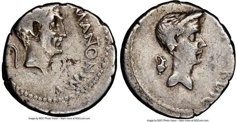 Marc Antony, as Imperator (44-43 BC), with Divus Julius Caesar. AR denarius (18m...