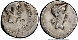 Marc Antony, as Imperator (44-43 BC), with Divus Julius Caesar. AR denarius (18mm, 3.99 gm, 10h). NGC VF 4/5 - 4/5. Military mint traveling with Anton...