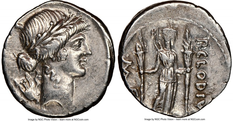 P. Clodius M.f. Turrinus (42 BC). AR denarius (18mm, 6h). NGC XF. Rome. Laureate...