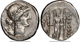 P. Clodius M.f. Turrinus (42 BC). AR denarius (18mm, 6h). NGC XF. Rome. Laureate head of Apollo right; lyre in left field / P•CLODIVS-M•F•, Diana Luci...
