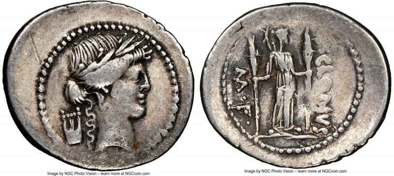 P. Clodius M.f. Turrinus (42 BC). AR denarius (23mm, 5h). NGC VF. Rome. Laureate...