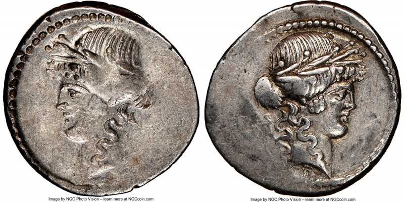 P. Clodius M.f. Turrinus (42 BC). AR brockage denarius (19mm, 3.87 gm, 12h). NGC...
