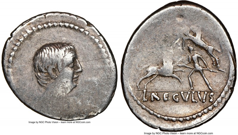 L. Livineius Regulus (42 BC). AR denarius (20mm, 7h). NGC Choice Fine, scratch. ...