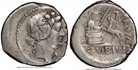 C. Vibius Varus (ca. 42 BC). AR denarius (18mm, 8h). NGC VF, edge cut. Rome. Head of Bacchus right, wreathed with ivy / C•VIBIVS-VARVS, panther spring...