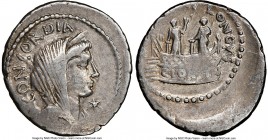 L. Mussidius Longus (ca. 42 BC). AR denarius (20mm, 1h). NGC VF, bankers mark. Rome. CONCORDIA, veiled head of Concordia right, wearing stephane; star...