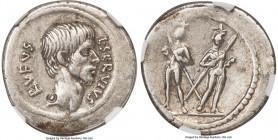 L. Servius Rufus (ca. 43 BC). AR denarius (19mm, 3.85 gm, 7h). NGC Choice VF S 4/5 - 4/5, bankers mark. Rome. L•SERVIVS-RVFVS, bare head of Brutus (?)...