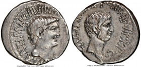 Marc Antony and Octavian, as Imperators and Triumvirs (43-33 BC). AR denarius (18mm, 3.83 gm, 11h). NGC XF 3/5 - 4/5. Ephesus, 41 BC, M. Barbatius Pol...