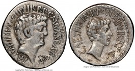 Marc Antony and Octavian, as Imperators and Triumvirs (43-33 BC). AR denarius (20mm, 3.80 gm, 10h). NGC VF 5/5 - 4/5. Ephesus, 41 BC, M. Barbatius Pol...