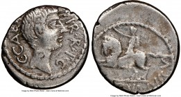 Octavian, as Imperator and Triumvir (43-33 BC). AR denarius (17mm, 5h). NGC VF, bankers marks. Military mint traveling with Octavian in Gaul or Northe...
