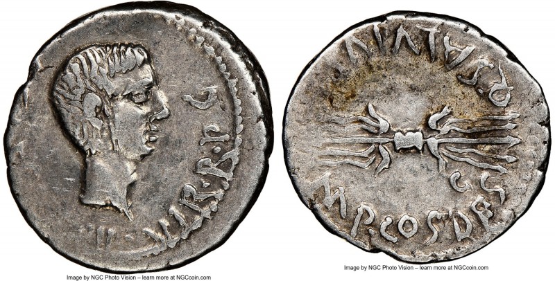 Octavian, as Imperator and Triumvir (43-33 BC). AR denarius (20mm, 3.99 gm, 11h)...