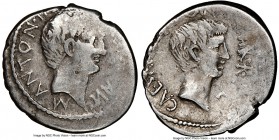 Marc Antony and Octavian, as Imperators and Triumvirs (43-33 BC). AR denarius (19mm, 3.90 gm, 8h). NGC VF 3/5 - 4/5. Military mint traveling with Anto...