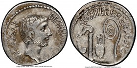 Octavian, as Imperator and Triumvir (43-33 BC). AR denarius (20mm, 3.68 gm, 12h). NGC VF 4/5 - 3/5. Uncertain mint in Italy, 37 BC. IMP•CAESAR-DIVI•F•...
