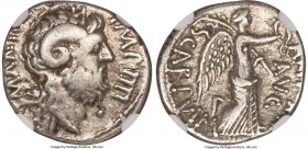 L. Pinarius Scarpus, as Imperator (ca. 31 BC), with Marc Antony, as Imperator and Triumvir. AR denarius (19mm, 12h). NGC VF S. Cyrene. M ANTO COS III-...