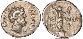 L. Pinarius Scarpus, as Imperator (ca. 31 BC), with Octavian, as Imperator. AR denarius (20mm, 3.59 gm, 11h). NGC XF S 5/5 - 4/5. Cyrene. AVGVR upward...