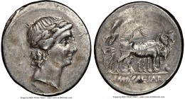Octavian, as Sole Imperator (30-27 BC). AR denarius (19mm, 3.80 gm, 12h). NGC Choice VF 4/5 - 4/5. Uncertain mint in Italy, 30-29 BC. Laureate bust of...