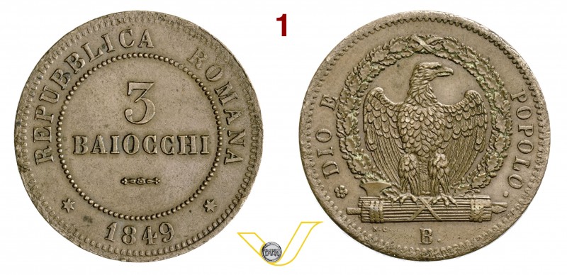 BOLOGNA - II REPUBBLICA ROMANA (1848-1849) 3 Baiocchi 1849. Pag. 260 Cu g 23,94 ...