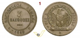BOLOGNA - II REPUBBLICA ROMANA (1848-1849) 3 Baiocchi 1849. Pag. 260 Cu g 23,94 SPL÷FDC