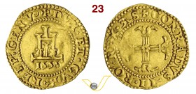 GENOVA - DOGI BIENNALI, II fase (1541-1637) Mezza Doppia o Scudo d'oro 1555, sigle AS. D/ Castello R/ Croce fogliata. Lun. 201 MIR 209/2 Au g 3,32 Mol...