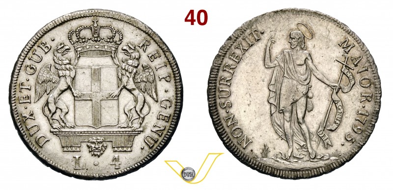 GENOVA - DOGI BIENNALI, III fase (1637-1797) 4 Lire 1795. MIR 313/2 Ag g 16,56 S...