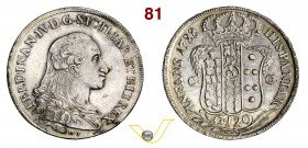 NAPOLI - FERDINANDO IV DI BORBONE (1759-1798, I periodo) 120 Grana o Piastra 1788, con sigle D P al D/. P.R. 52 Ag g 27,23 • Variante con gigli capovo...