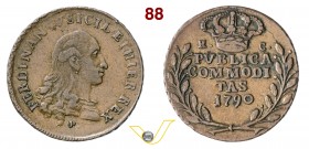 NAPOLI - FERDINANDO IV DI BORBONE (1759-1798, I periodo) Pubblica da 3 Tornesi 1790 con R C ai lati della corona. P.R. 106 Cu g 9,15 Rarissima • Esemp...