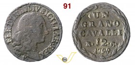 NAPOLI - FERDINANDO IV DI BORBONE (1759-1798, I periodo) Grano da 12 Cavalli 1798 con sigle R C al rovescio. P.R. 119 Cu g 5,04 Rarissima MB