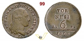 NAPOLI - FERDINANDO IV DI BORBONE (1799-1805, II periodo) 6 Tornesi 1800, sigle A P al rovescio. Pag. 17 Cu g 19,20 Rara • Di notevole conservazione; ...