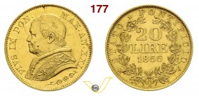PIO IX (1846-1878) 20 Lire 1866 XXI, Roma “busto piccolo”. Pag. 529 Au g 6,45 SPL