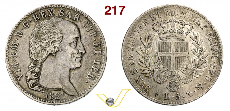 VITTORIO EMANUELE I (1802-1821) 5 Lire 1821 Torino. MIR 1031a Pag. 15 Ag g 24,75...