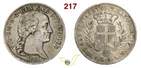 VITTORIO EMANUELE I (1802-1821) 5 Lire 1821 Torino. MIR 1031a Pag. 15 Ag g 24,75 Molto rara q.BB