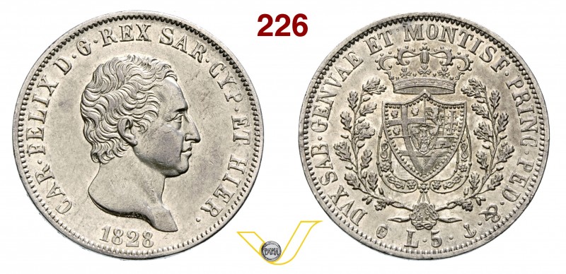 CARLO FELICE (1821-1831) 5 Lire 1828 Genova. MIR 1035l Pag. 74 Ag g 24,92 • Colp...