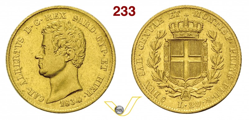 CARLO ALBERTO (1831-1849) 20 Lire 1834 s.s.z. MIR 1045j Pag. 180a Au g 6,38 Molt...