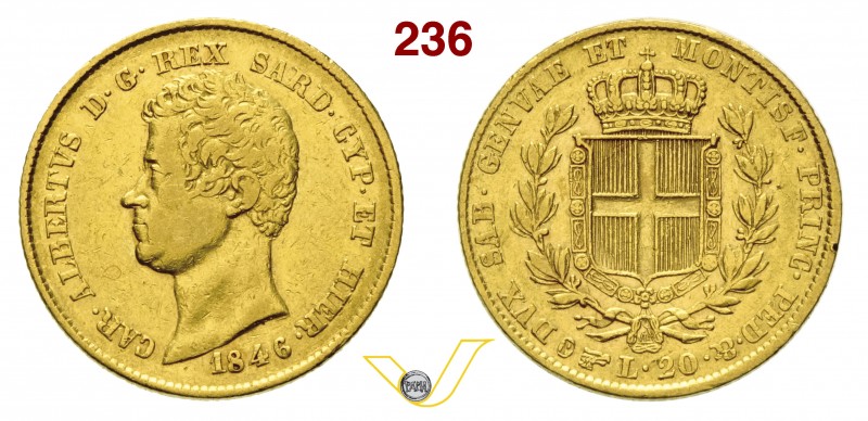 CARLO ALBERTO (1831-1849) 20 Lire 1846 Torino. MIR 1045x Pag. 203 Au Molto rara ...