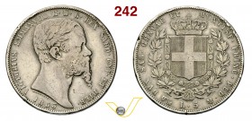 VITTORIO EMANUELE II, Re di Sardegna (1849-1861) 5 Lire 1853 Genova. MIR 1057g Pag. 376 Ag g 24,61 Molto rara • Colpetti MB