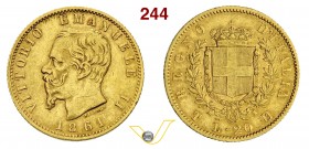 VITTORIO EMANUELE II (1861-1878) 20 Lire 1861 Torino “T su F”. MIR 1078b Pag. 455a Au g 6,40 Rara BB