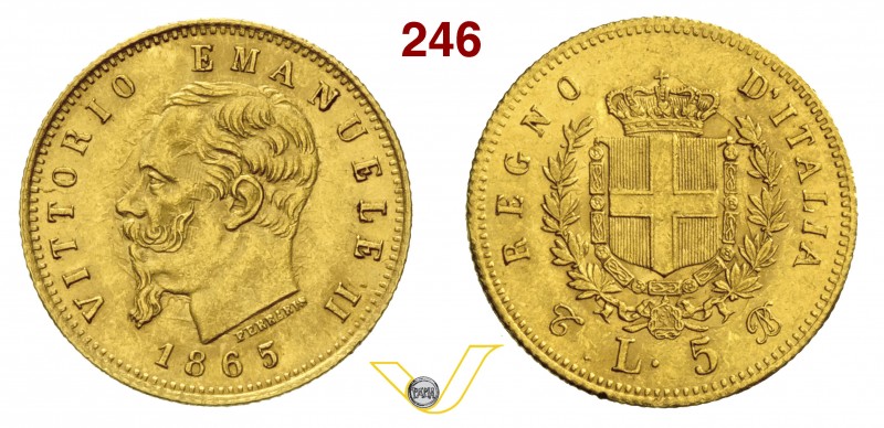 VITTORIO EMANUELE II (1861-1878) 5 Lire 1865 Torino. MIR 1080b Pag. 480 Au Molto...