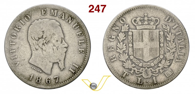 VITTORIO EMANUELE II (1861-1878) Lira 1867 Torino. Pag. 519 MIR 1085h Ag Molto r...