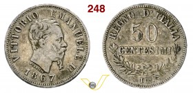 VITTORIO EMANUELE II (1861-1878) 50 Centesimi “valore” 1867 Torino. Pag. 533 MIR 1088g Ag g 2,66 Rarissima • Graffio al D/ MB/BB