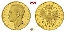 VITTORIO EMANUELE III (1900-1946) 100 Lire 1903 Roma. Pag. 638 MIR 1114a Au g 32,28 Molto rara • Esemplare di qualità superiore alla media SPL/q.FDC...