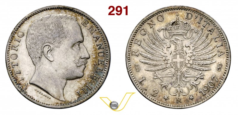 VITTORIO EMANUELE III (1900-1946) 2 Lire 1907 Roma. Pag. 731 MIR 1139g Ag g 10,0...