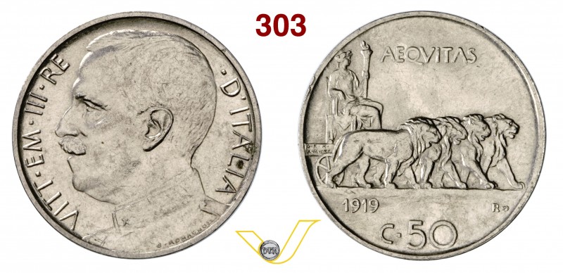 VITTORIO EMANUELE III (1900-1946) 50 Centesimi 1919 Roma “quadriga di leoni”, ta...